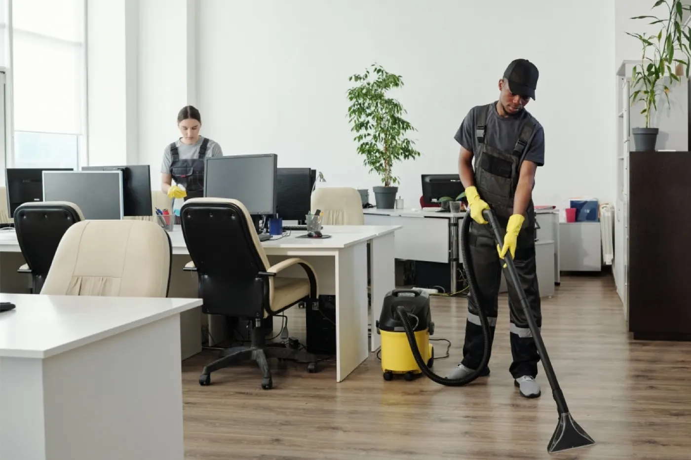 Tidy office workstations after an evening cleaning visit
